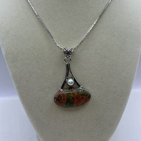Vintage Large Green Orange Unakite Jasper Pearl Sterling Silver Necklace Pendant - Picture 11 of 13